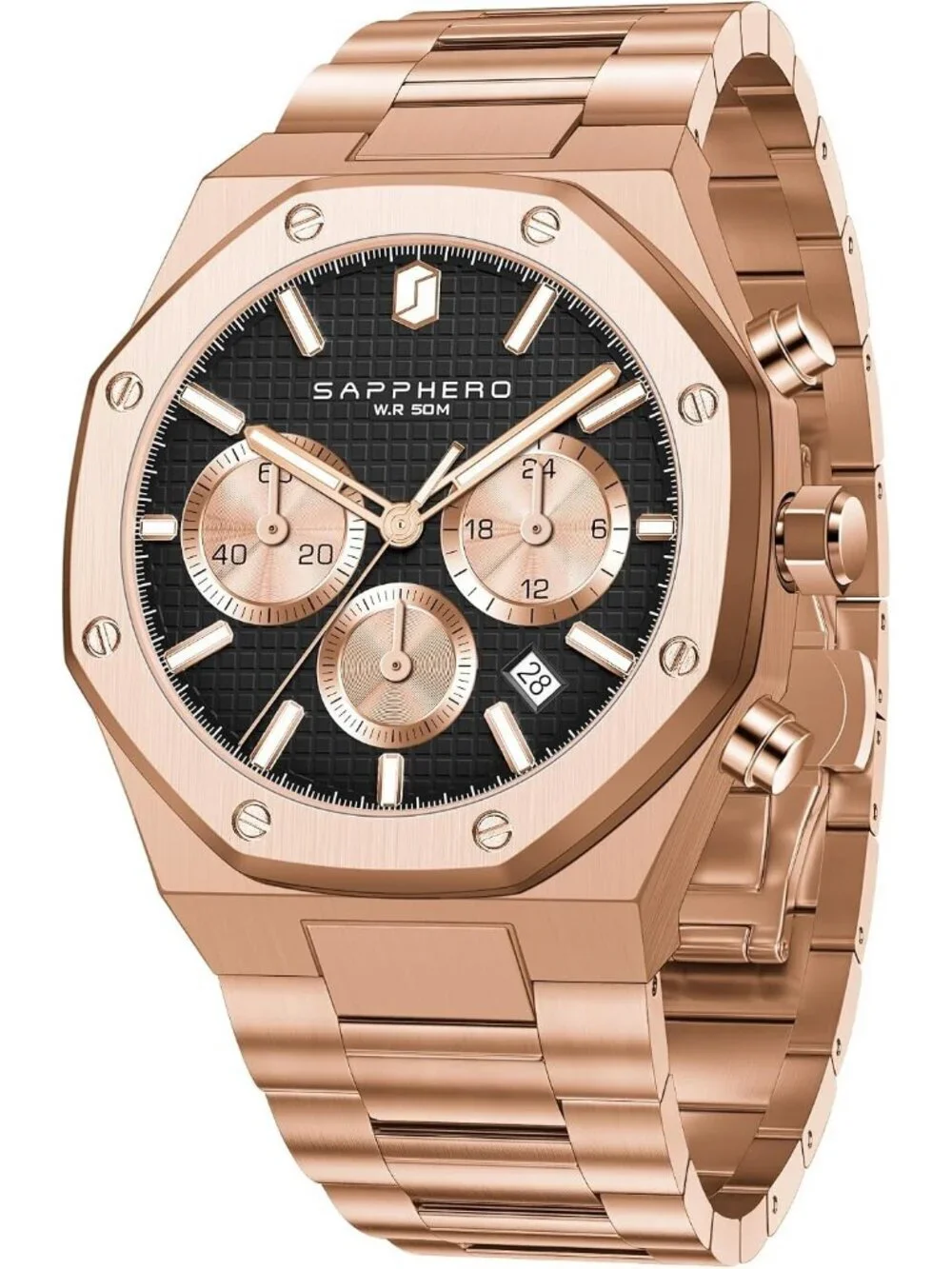 Men's Rose Black Chronograph Quartz Movement Stainless Steel Luxury Wrist Watch